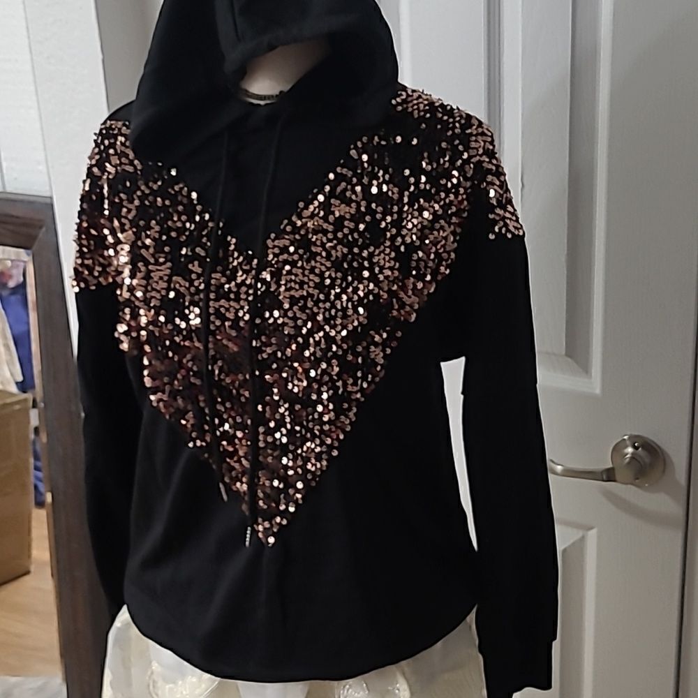 Bestie Hoodie Bronze Sequin Chevron Hoodie sz Small Medium - Picture 4 of 14